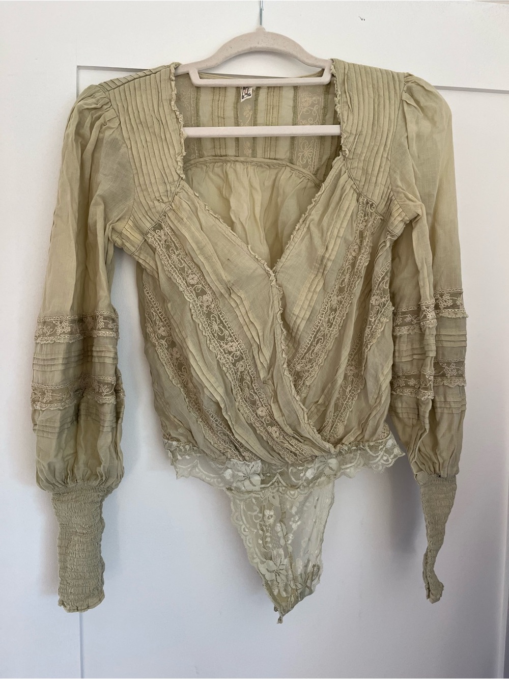 Free People Intimately Sage Green Victorian Lace Pintuck Bodysuit 100% Cotton